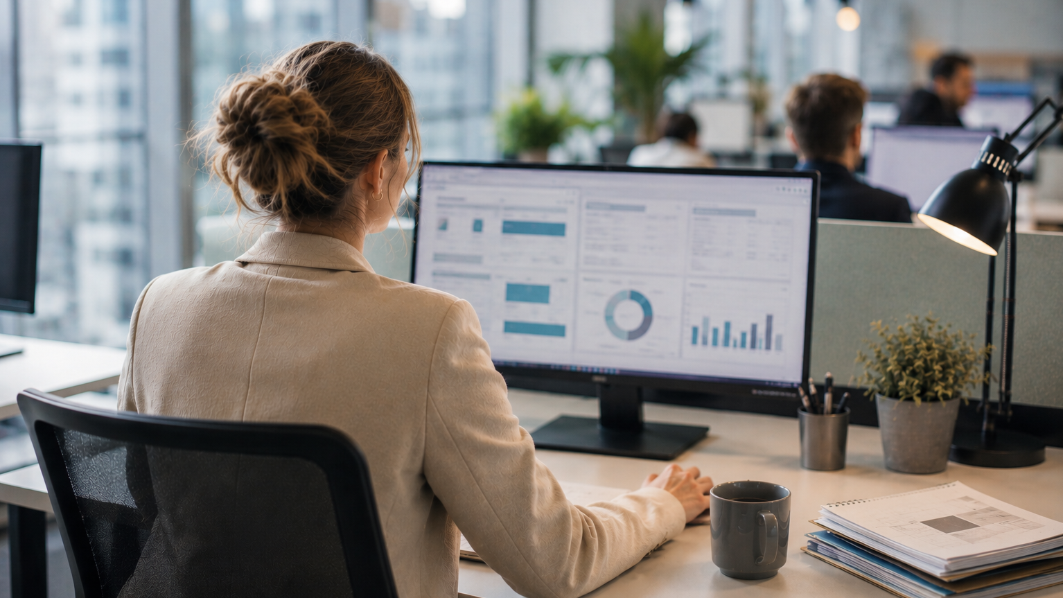 Frau an einem Schreibtisch von hinten vor einem Bildschirm mit Auswertungen