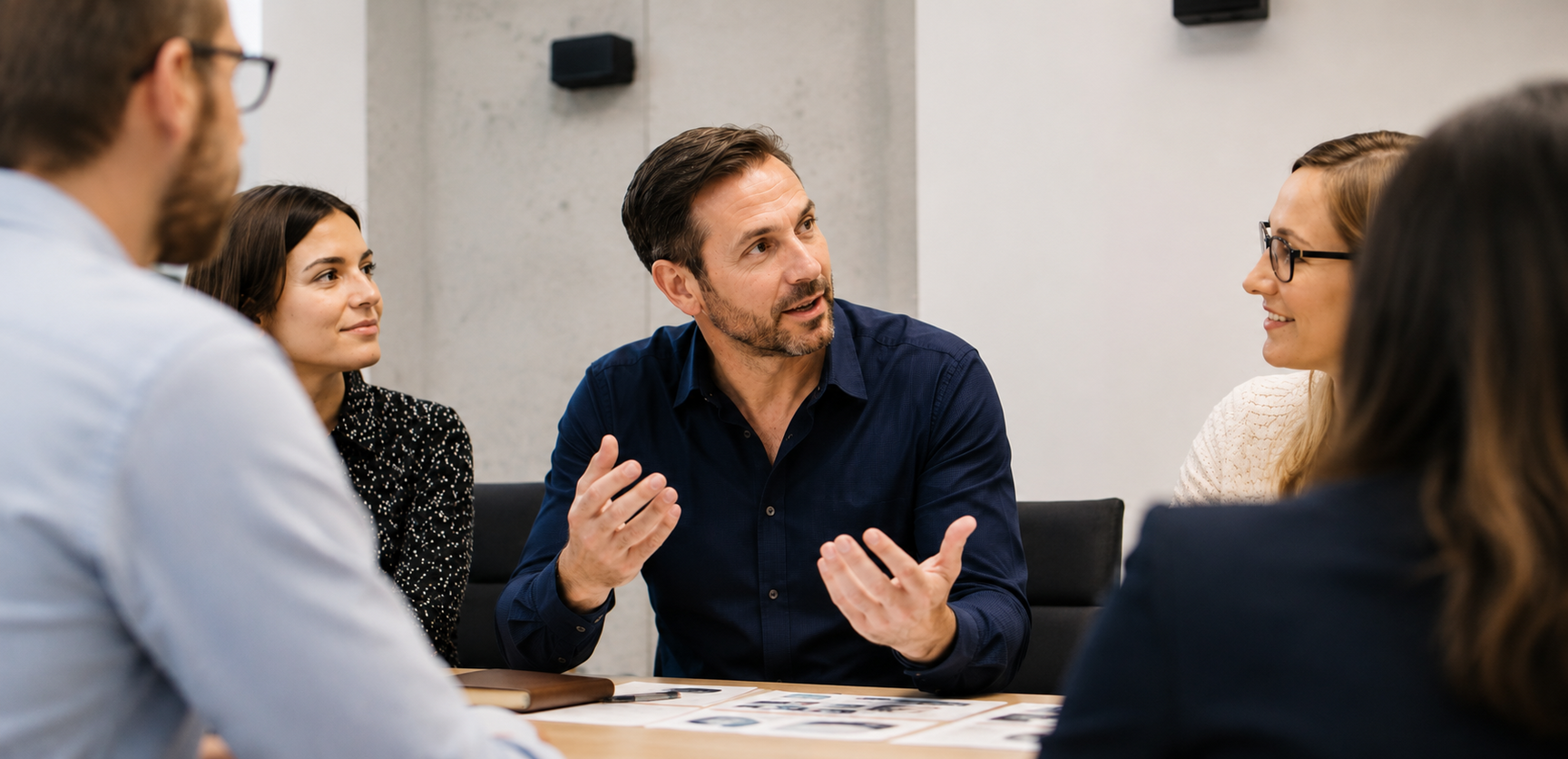 Personen sitzen zu einem Meeting an einem Tisch zusammen 